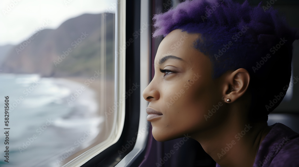 woman looking at the landscape while traveling by train woman looking at the landscape while traveling by train