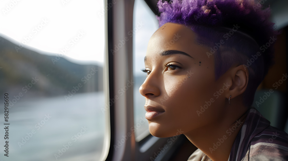 woman looking at the landscape while traveling by train woman looking at the landscape while traveling by train