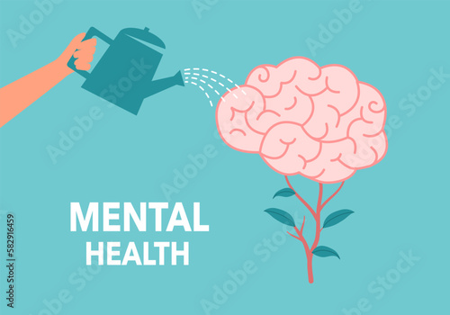 Mental health care concept vector illustration. Watering brain plant in flat design.