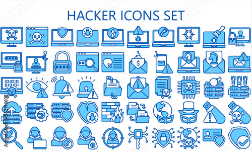 Hacker blue color icons set. contain such as data, security, warning, phishing, computer, anonymous and more. use for modern concept, UI or UX kit, web and app. vector EPS 10 ready convert to SVG