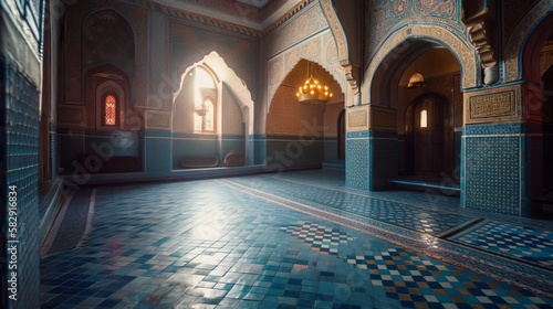 Mosque arabic classic interior background. Muslim prayer hall. Generative AI technology. 