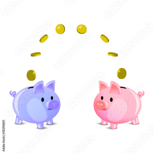 Cartoon two piggy banks pig. Money saving concept. Business concept. Vector illustration.