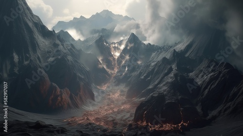 Mountain volcano eruption background. Catastrophe wallpaper. Generative AI technology. 
