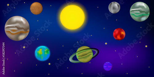 Sky planet space in cartoon style. Colorful sky planet space in modern style. Space background. Vector illustration.
