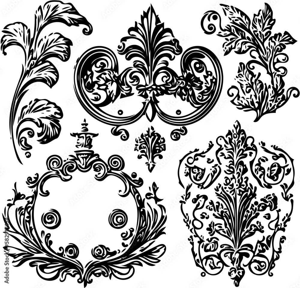 Collection of black and white drawn leaves Ornaments and decoration in vintage style Collection of black and white drawn leaves Ornaments and decoration in vintage style