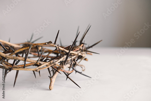 Jesus Crown Thorns and nails and cross on a white background. Crucifixion Of Jesus Christ. Passion Of Jesus Christ. Concept for faith, spirituality and religion. Easter Day