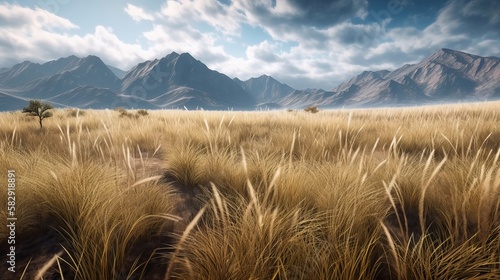 Mountain range grassland meadow landscape background. Generative AI technology. 