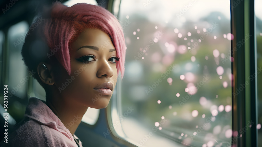 african american woman looking at the cherry blossoms on the window while traveling by subway african american woman looking at the cherry blossoms on the window while traveling by subway