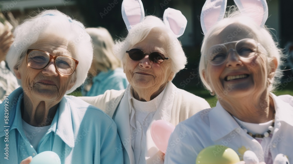 A Joyful Happy Beautiful Easter Display of Diversity DEI: Caucasian White Elderly Women Celebrating Easter with Confidence and Smiles, Symbolizing Unity and Acceptance (Generative AI A Joyful Happy Beautiful Easter Display of Diversity DEI: Caucasian White Elderly Women Celebrating Easter with Confidence and Smiles, Symbolizing Unity and Acceptance (Generative AI