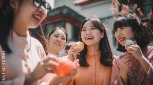 A Joyful Happy Beautiful Easter Display of Diversity DEI: Asian Women Celebrating Easter with Confidence and Smiles, Symbolizing Unity and Acceptance (Generative AI