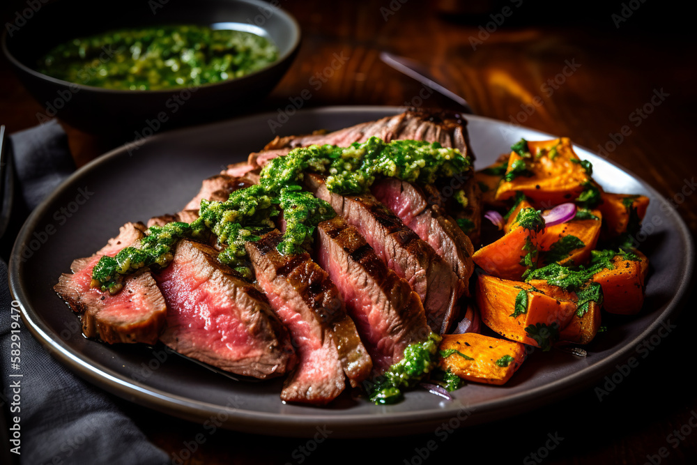 A tender and juicy flank steak, sliced and served with a vibrant salsa verde and roasted sweet potatoes