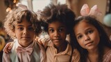 A Beautiful Artistic Happy Easter of Equity Inclusion DEI: Multiracial Kids Boys and Girls Celebrating Easter with Confidence and Smiles, Symbolizing Unity and Acceptance (Generative AI