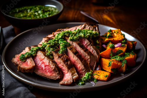 A tender and juicy flank steak, sliced and served with a vibrant salsa verde and roasted sweet potatoes