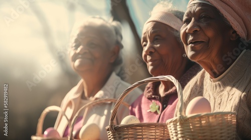 An Artistic Happy Easter of Diversity Equity Inclusion DEI  African American Black Elderly Women Celebrating Easter with Confidence and Smiles  Symbolizing Unity and Acceptance  Generative AI
