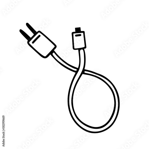 Mobile phone charger. Simple vector icon. USB cable with adapter for charging your headphones, tablet, computer. Hand drawn doodle, black outline. Illustration isolated on white. Clipart for web, apps