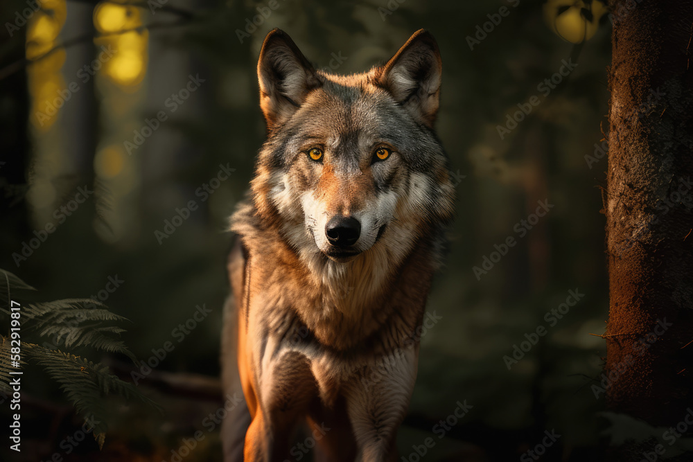 Fototapeta premium A wolf on forest mountain looking at camera, Ai Generative