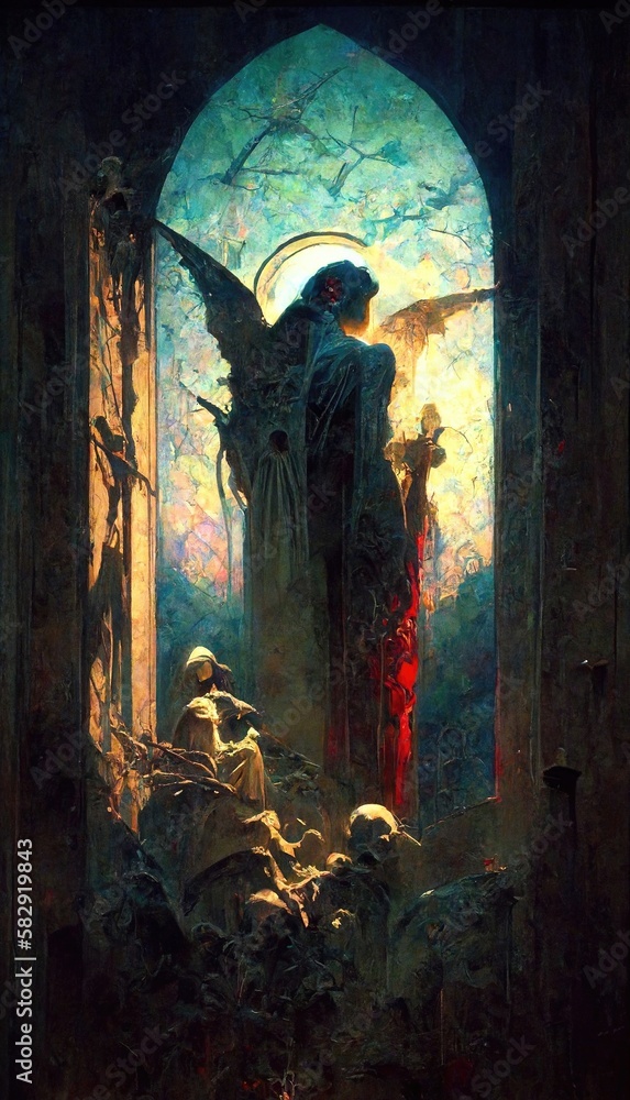 Concept art on the theme of Heaven, Cathedral, Hell and Skull