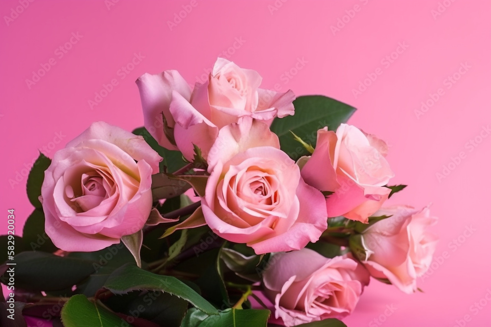 Fototapeta premium bouquet of pink roses. mother's day. pink background. generative ai. 