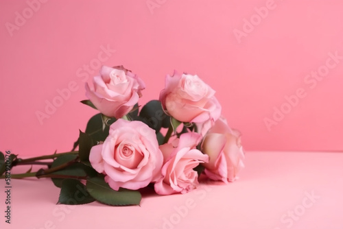 bouquet of pink roses. mother s day. pink background. generative ai. 