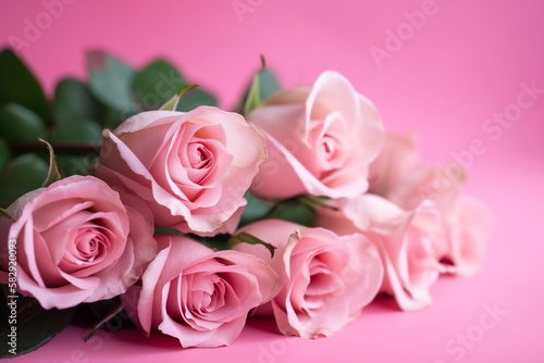 bouquet of pink roses. mother s day. pink background. generative ai. 