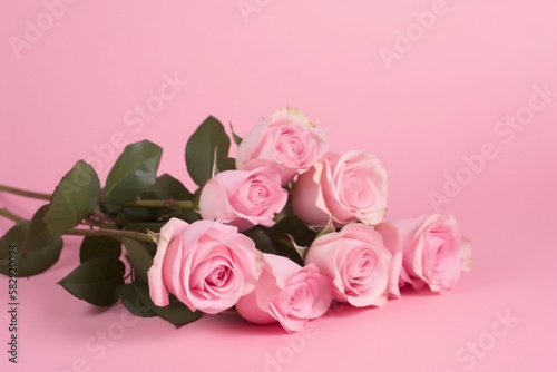 bouquet of pink roses. mother's day. pink background. generative ai.  © pa-ka