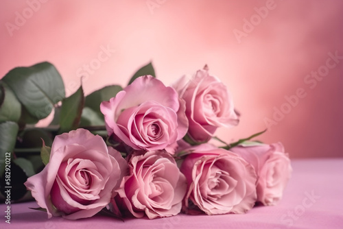 bouquet of pink roses. mother's day. pink background. generative ai. 