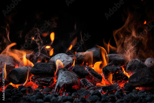 Charcoal For Barbecue Background With Flames, AI Generative