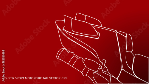 Super sport motorbike tail in white outline isolated on red background. Vector illustration in trendy style, close up view. Editable graphic resources for many purposes.