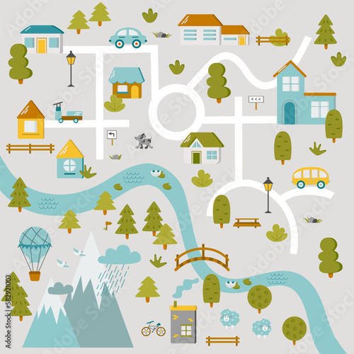 Cute town map for kids room. Landscape with lot details. Vector illustration