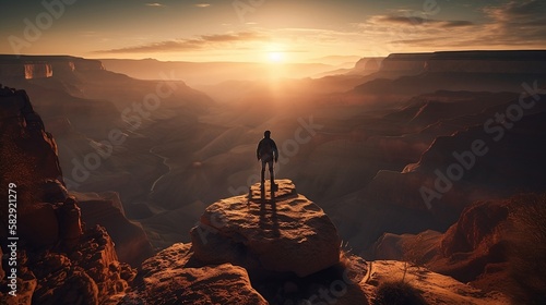 Hiker Standing at Top of Mountain Enjoying Beautiful Scenery AI Generative