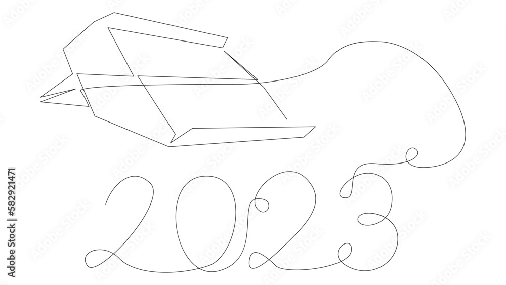 One continuous line of Paper Airplane with the number 2023. Thin Line Illustration vector concept. Contour Drawing Creative ideas.