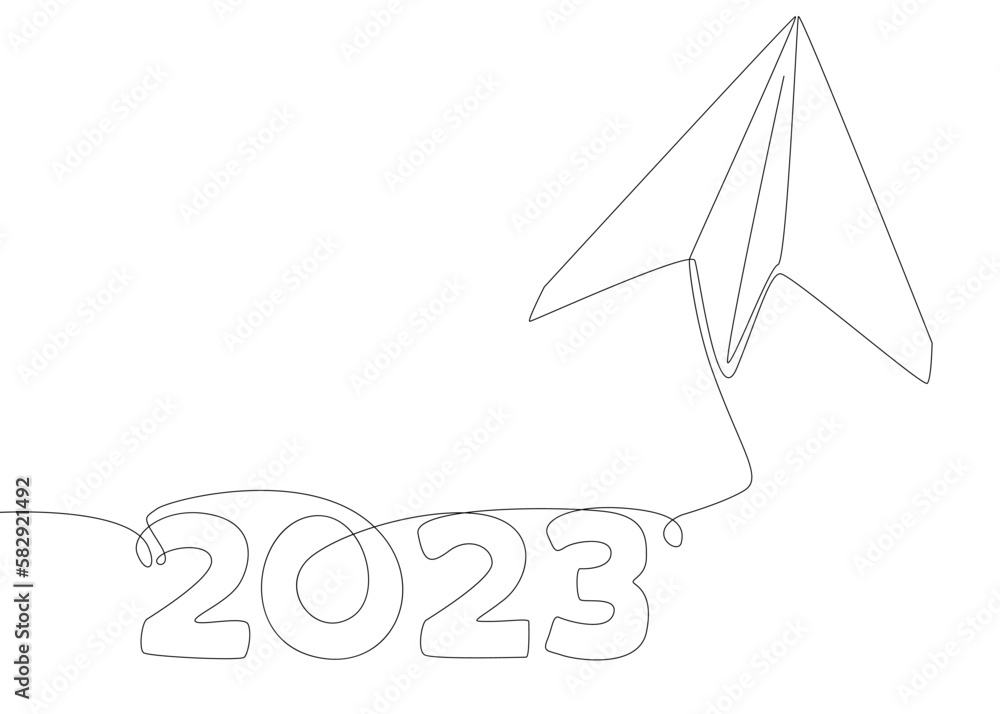One continuous line of Paper Airplane with the number 2023. Thin Line Illustration vector concept. Contour Drawing Creative ideas.