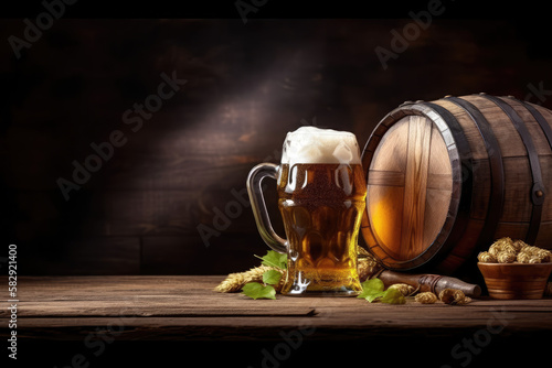 Beer Mug With Wheat And Hops In Cellar With Barrel, AI Generative