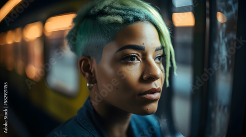 african american woman looking at the window, while traveling by subway