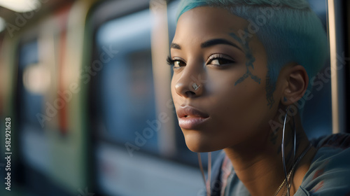 african american woman looking at the window, while traveling by subway