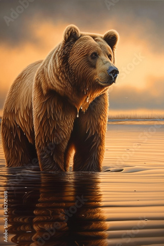 Bear 🐻, realistic style , strong and majestic , sunset , warm and golden Generative AI Digital Illustration Part#200323
