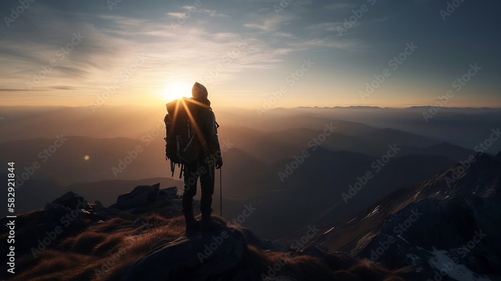 Hiker Standing at Top of Mountain Enjoying Beautiful Scenery AI Generative