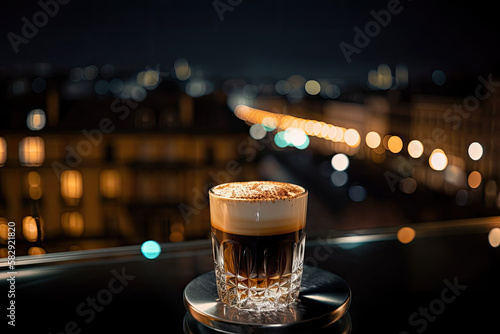 Irishcoffee on the terrace of a modern café in Paris; AI Generative photo