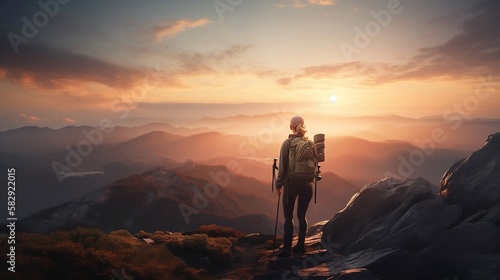 Hiker Standing at Top of Mountain Enjoying Beautiful Scenery AI Generative © kejardolar