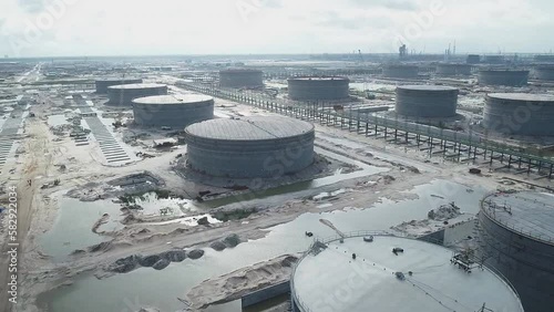 Aerial view of the construction of a new oil terminal across the Strait of Hormuz, Iran.