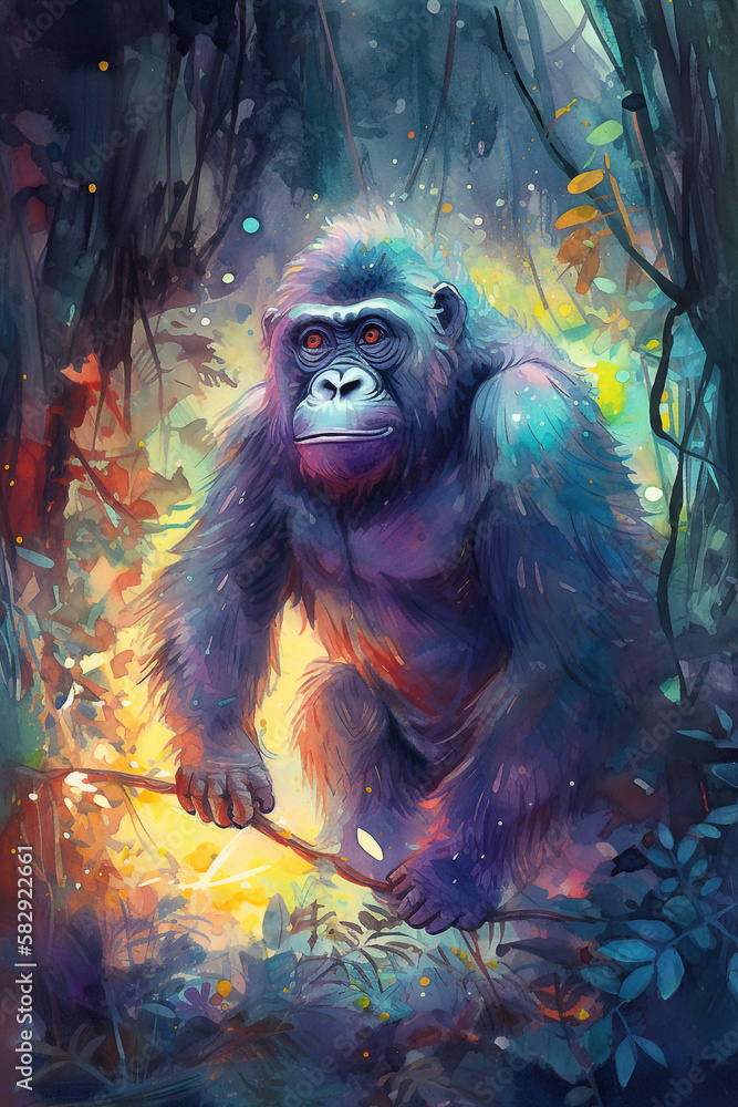 Gorilla 🦍, Playful character design, Watercolor art style, Cheerful mood, Jungle lighting  Generative AI Digital Illustration Part#200323