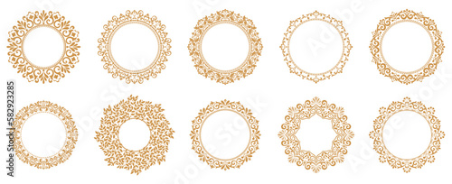 Set of decorative frames Elegant vector element for design in Eastern style, place for text. Floral gold and white borders. Lace illustration for invitations and greeting cards