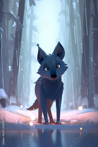 Wolf 🐺, Kawaii character design, Cartoon art style, Wild mood, Snowy forest lighting1 Generative AI Digital Illustration Part#200323