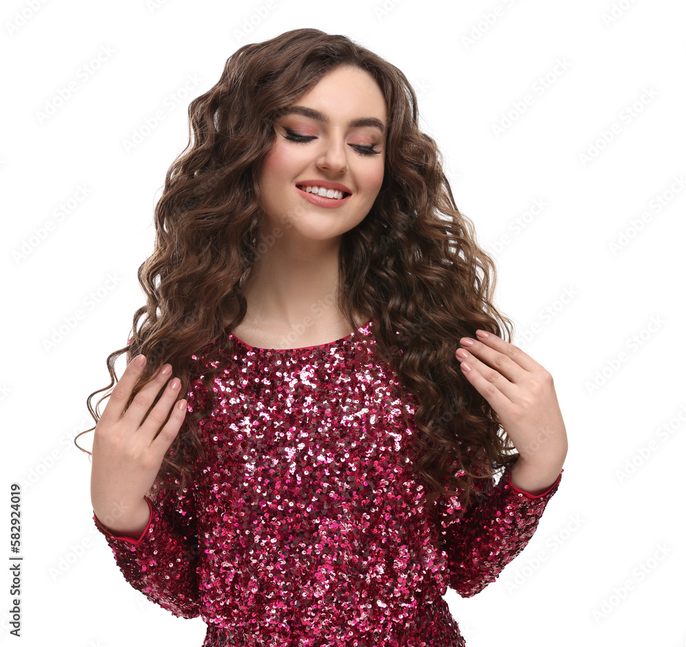 Beautiful young woman with long curly brown hair in pink sequin dress ...