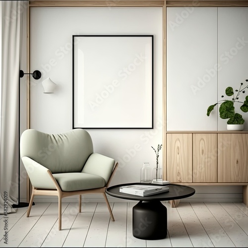 mock up poster frame in modern interior background, living room, Scandinavian style, 3D render, 3D illustration © Marpa