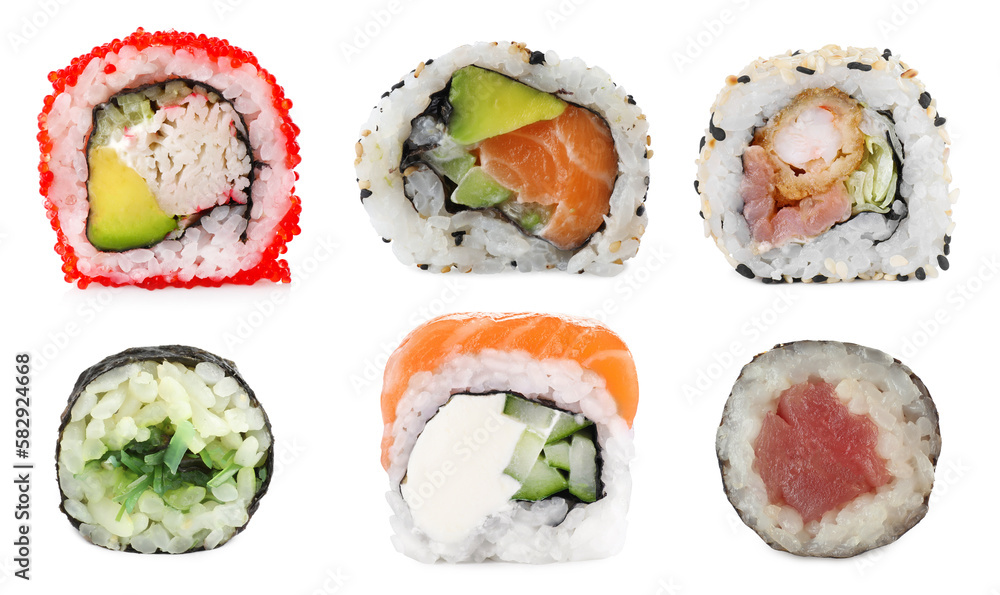 Set of delicious different sushi rolls on white background Set of delicious different sushi rolls on white background