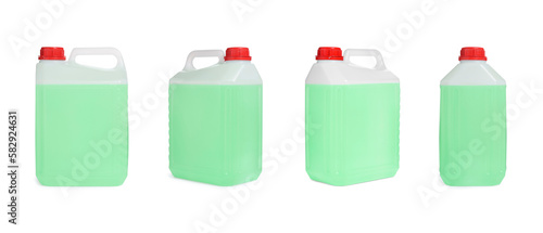 Plastic canister with light green liquid on white background, different sides