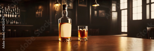 A single bottle of whiskey with glass on the bar counter, dark colored image