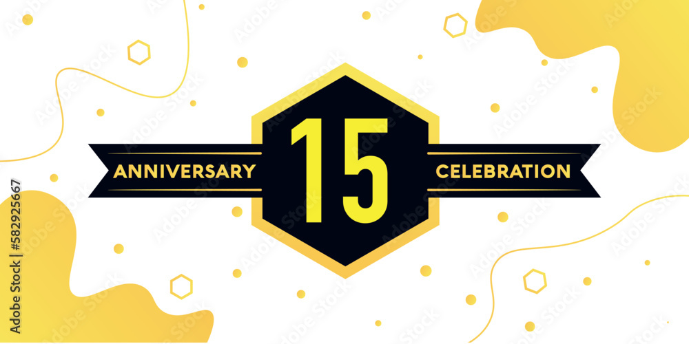 15 years anniversary logo vector design with yellow geometric shape with black and abstract design on white background template