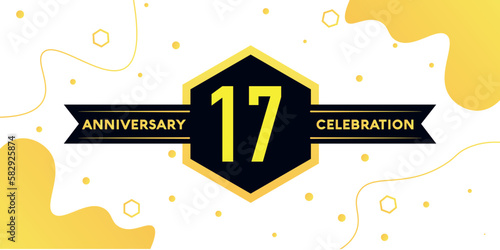 17 years anniversary logo vector design with yellow geometric shape with black and abstract design on white background template